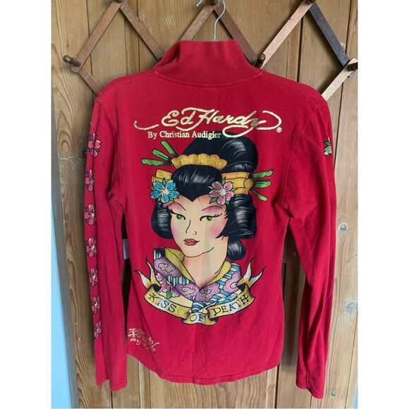Ed Hardy Tops - Ed Hardy Geisha Kiss of Death red long sleeve jeweled polo